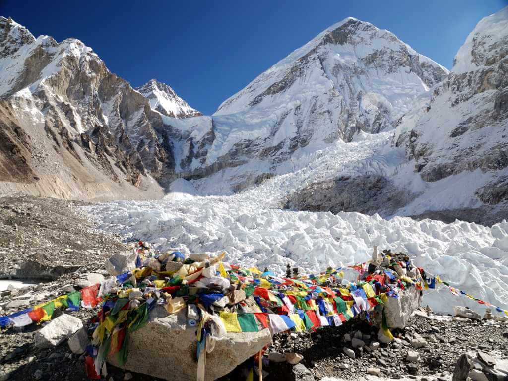 A photo of the snow-capped view of Mount Everest, taken from Everest Base Camp in Nepal.