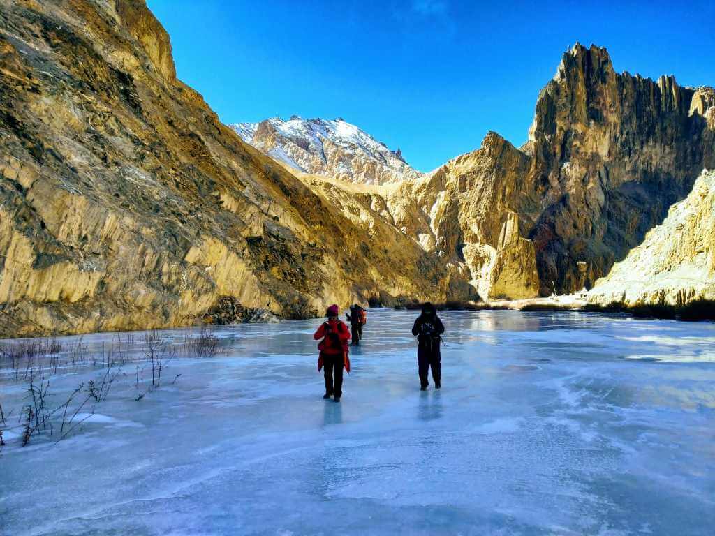 Trekkers walking on frozen Zanskar RIver