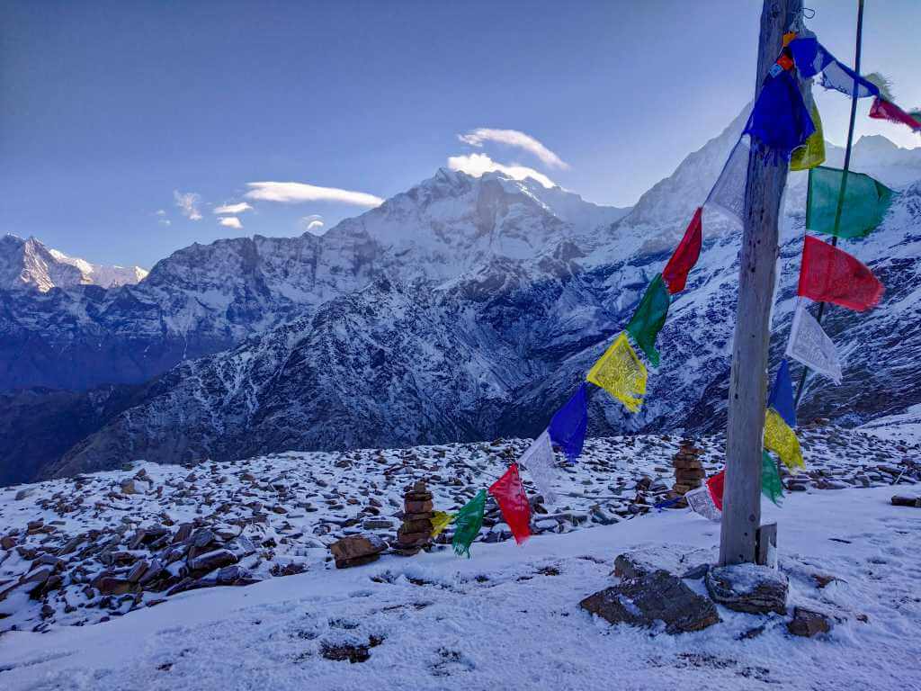 Tibetan Prayer Flag in snowy mountainscapes